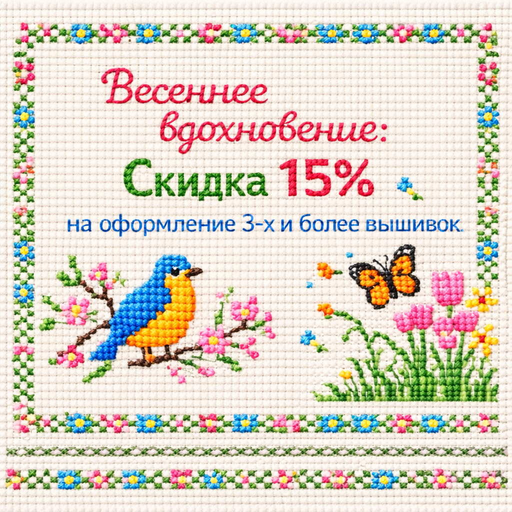 Оформление вышивок в багет — весенняя акция 15%